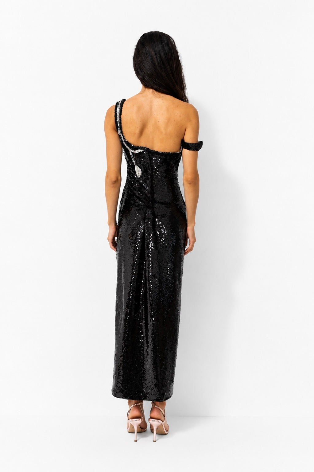 Embellished One-Shoulder Sequin Dress