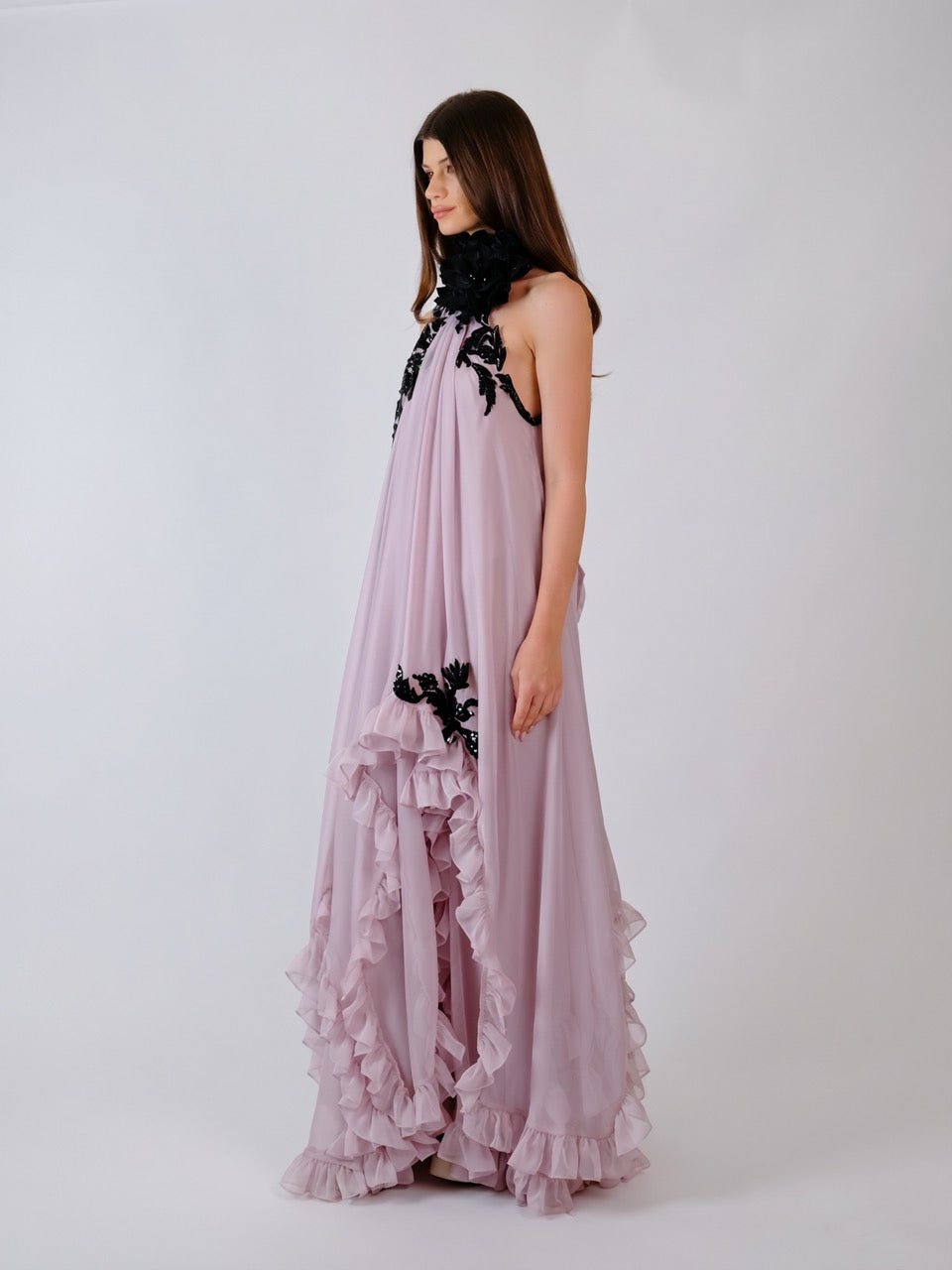 High-Neck Chiffon Maxi Dress