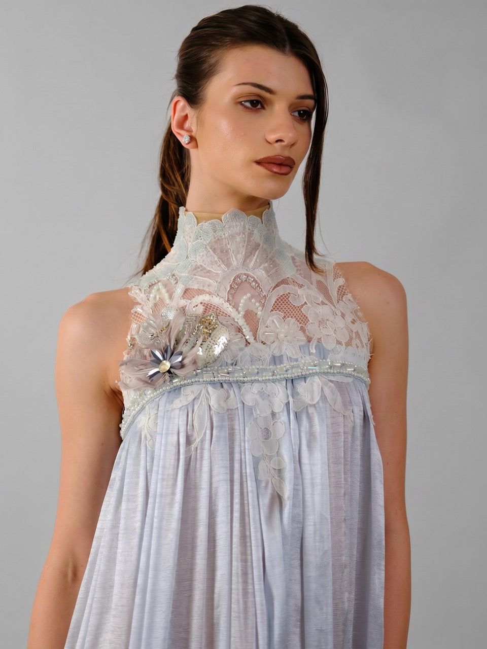 High-Neck Chiffon Midi Dress
