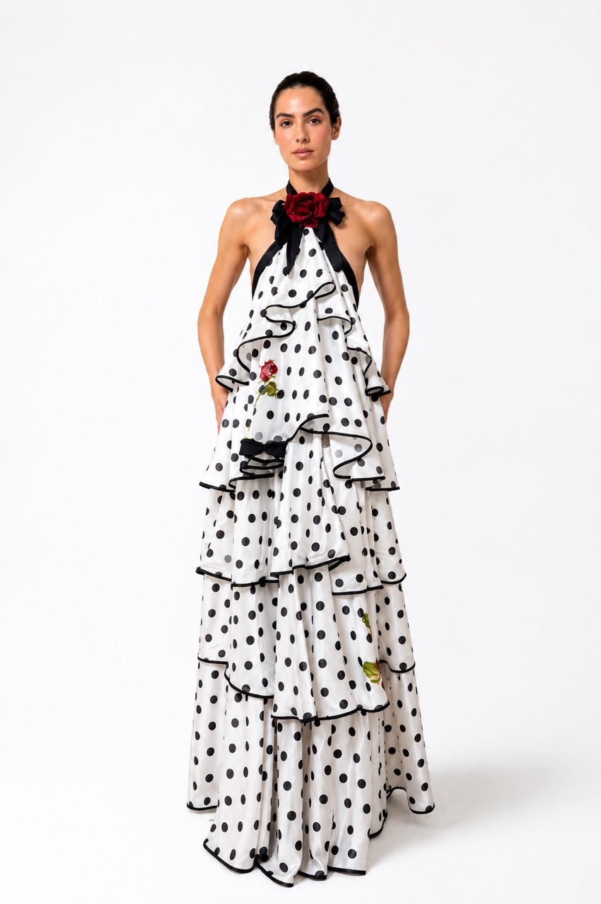Polka Dot Ruffle Halter Gown
