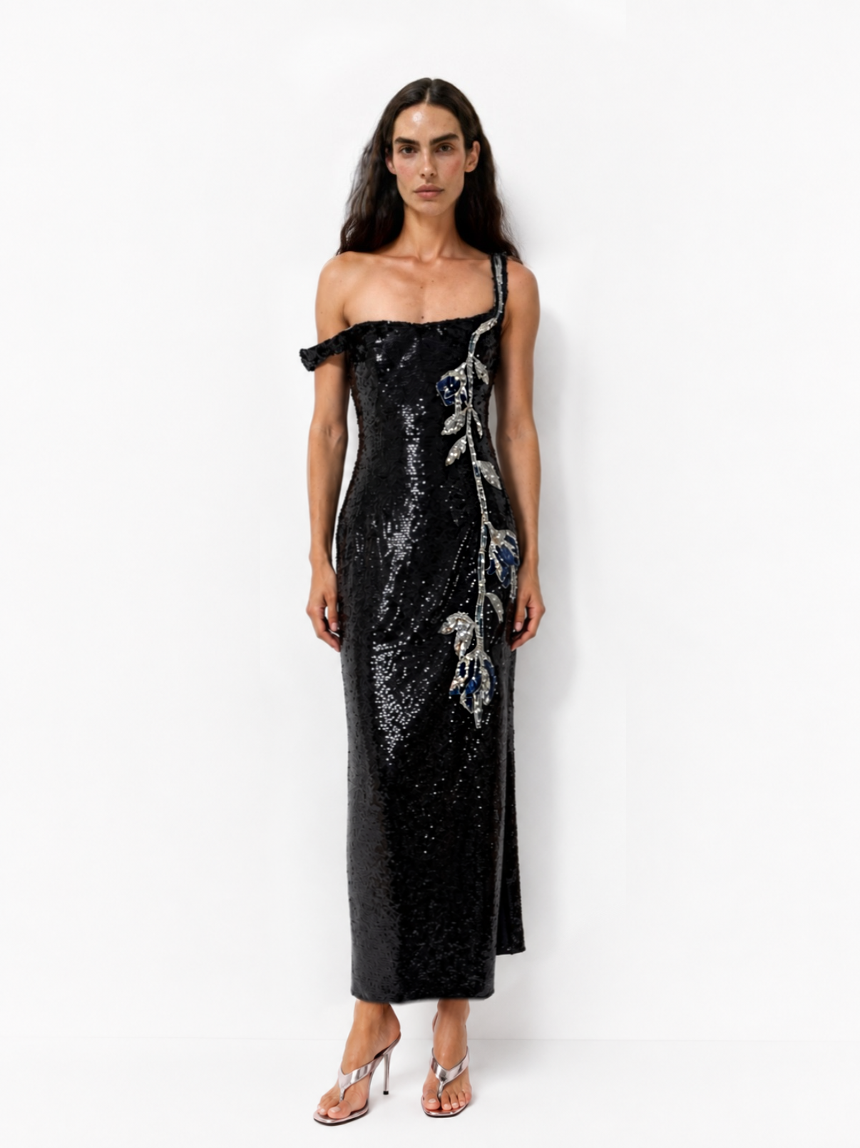 Embellished One-Shoulder Sequin Dress