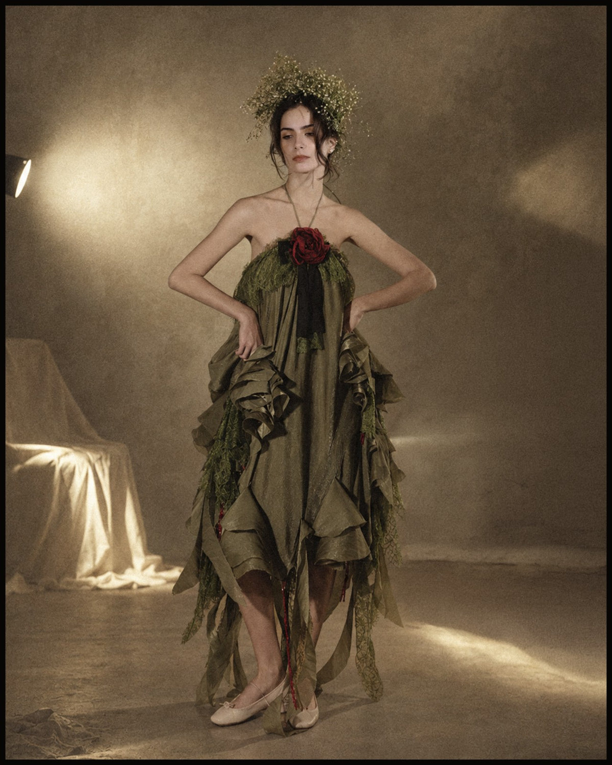 Draped Floral Ruffle Gown