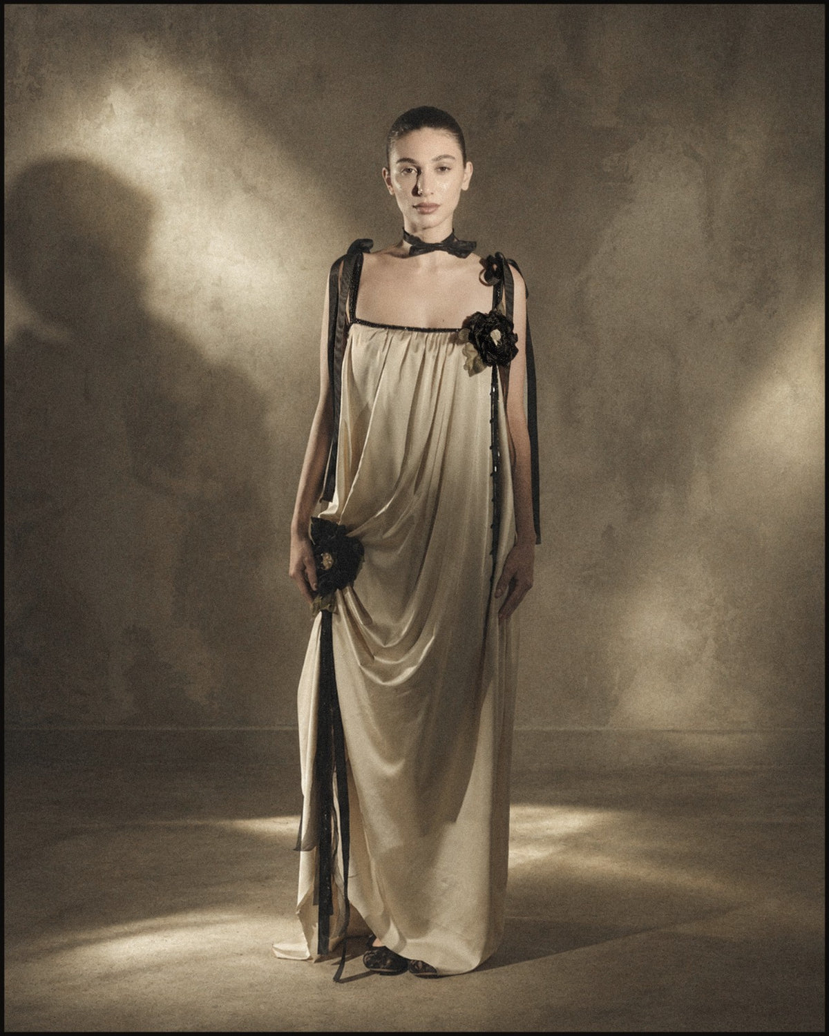Draped Floral Appliqué Gown