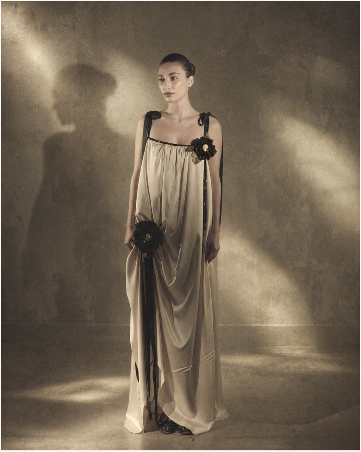 Draped Floral Appliqué Gown