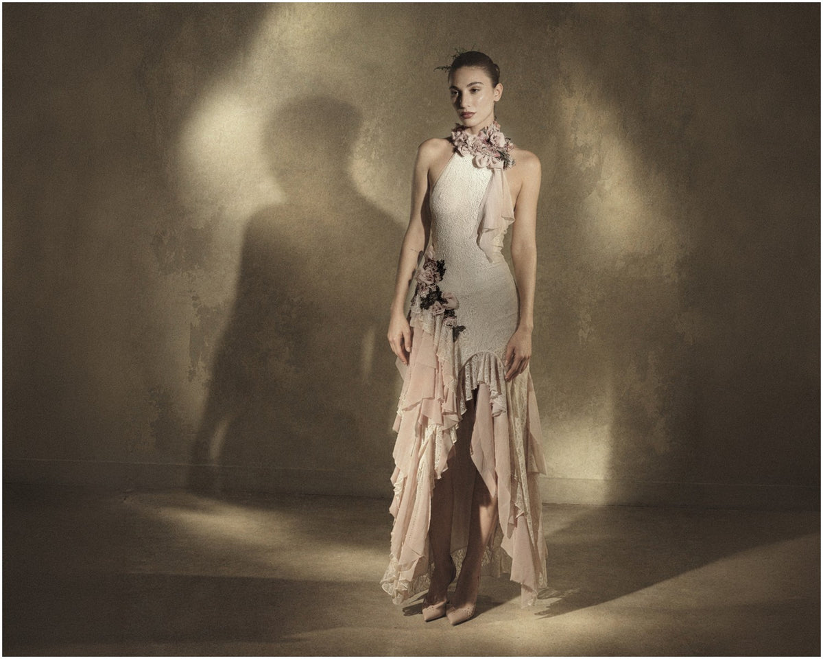 Floral Appliqué Ruffle Gown