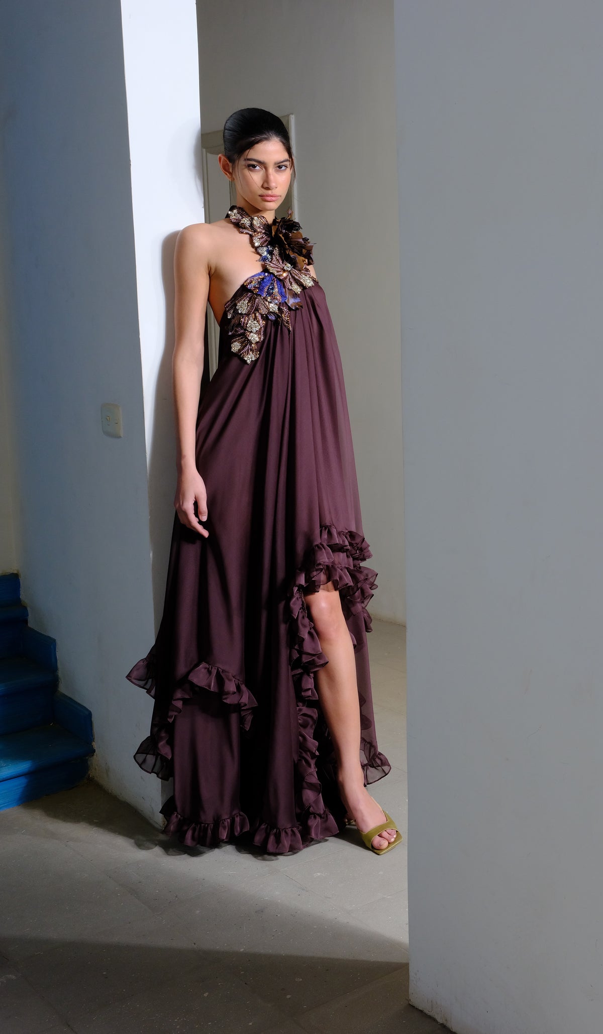 Brown High-Low Chiffon Dress