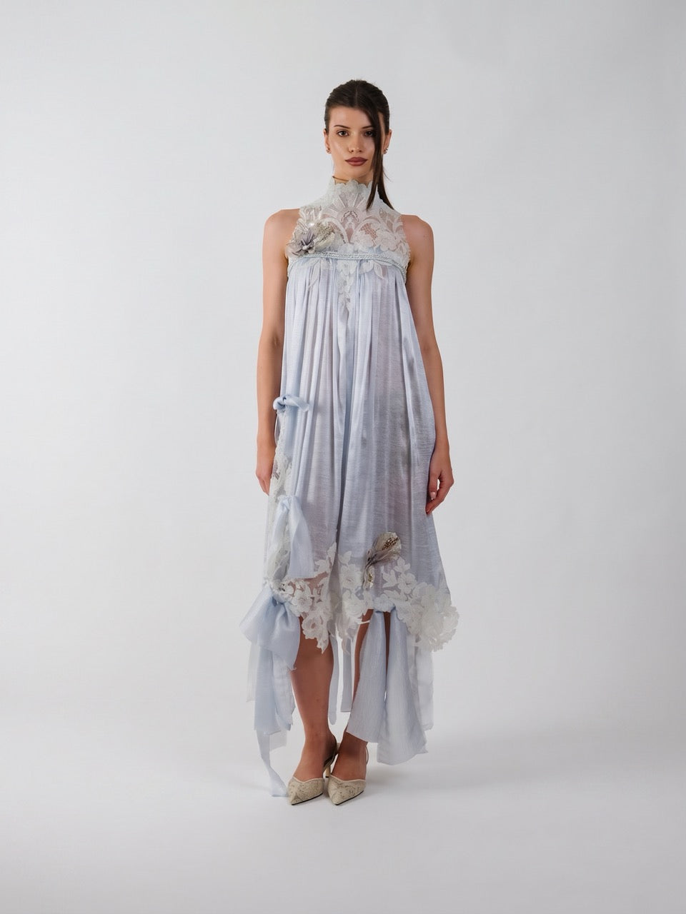 High-Neck Chiffon Midi Dress
