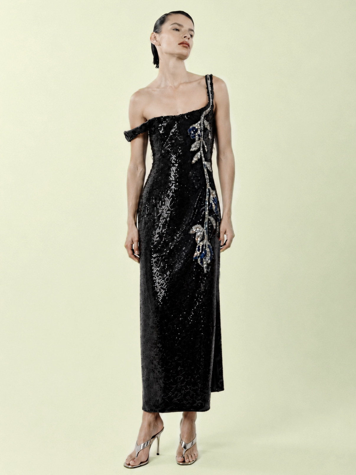 Embellished One-Shoulder Sequin Dress