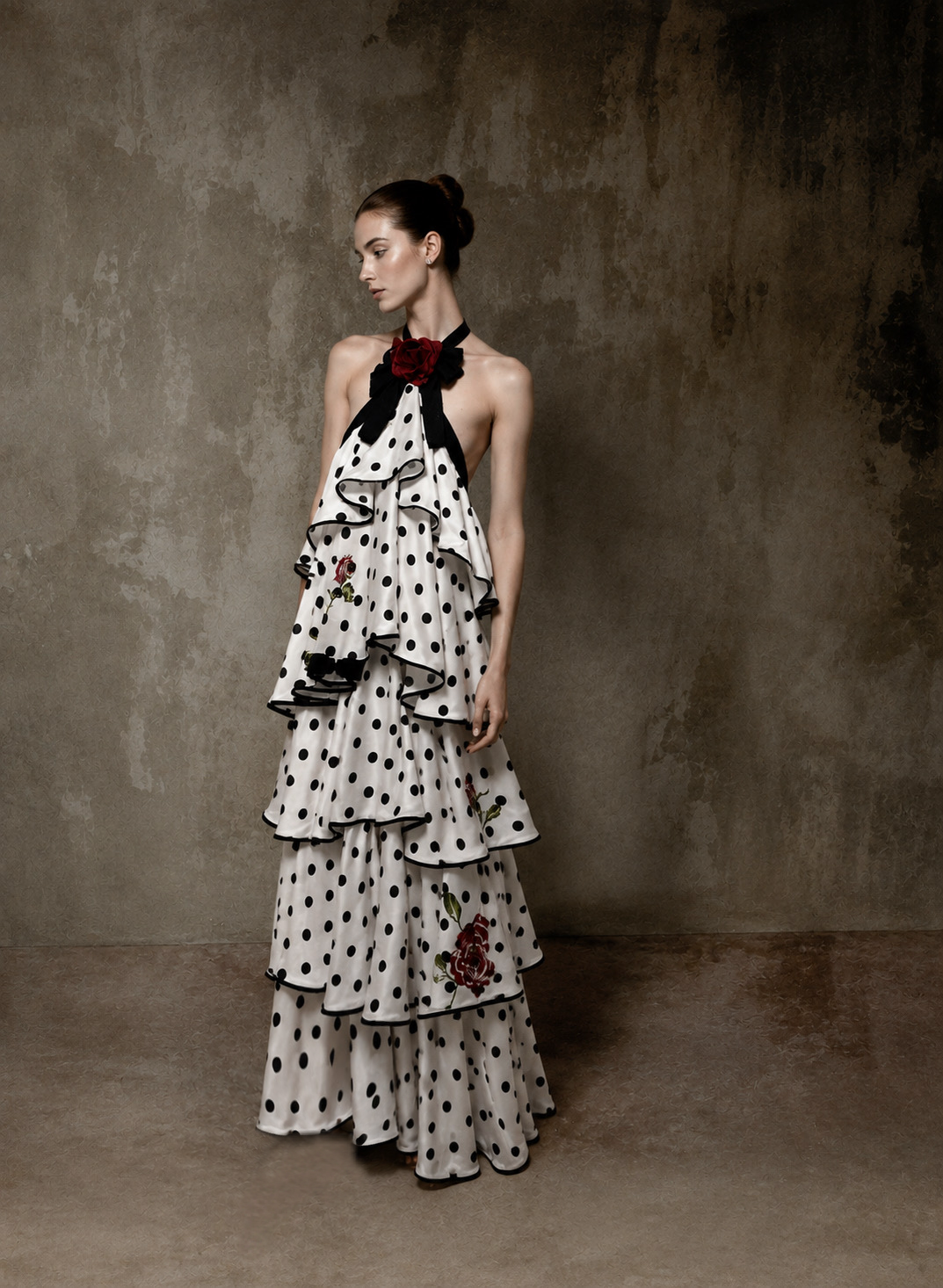 Polka Dot Ruffle Halter Gown