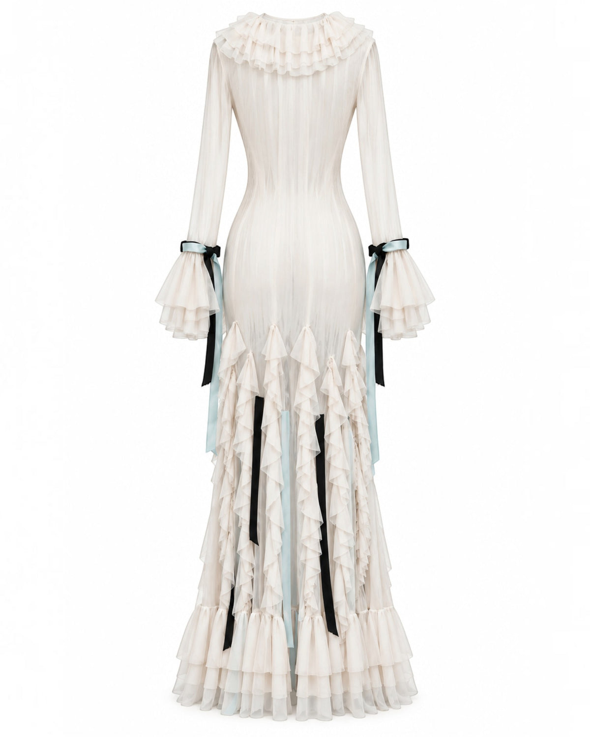 Ribbon-Trimmed Ruffle Gown