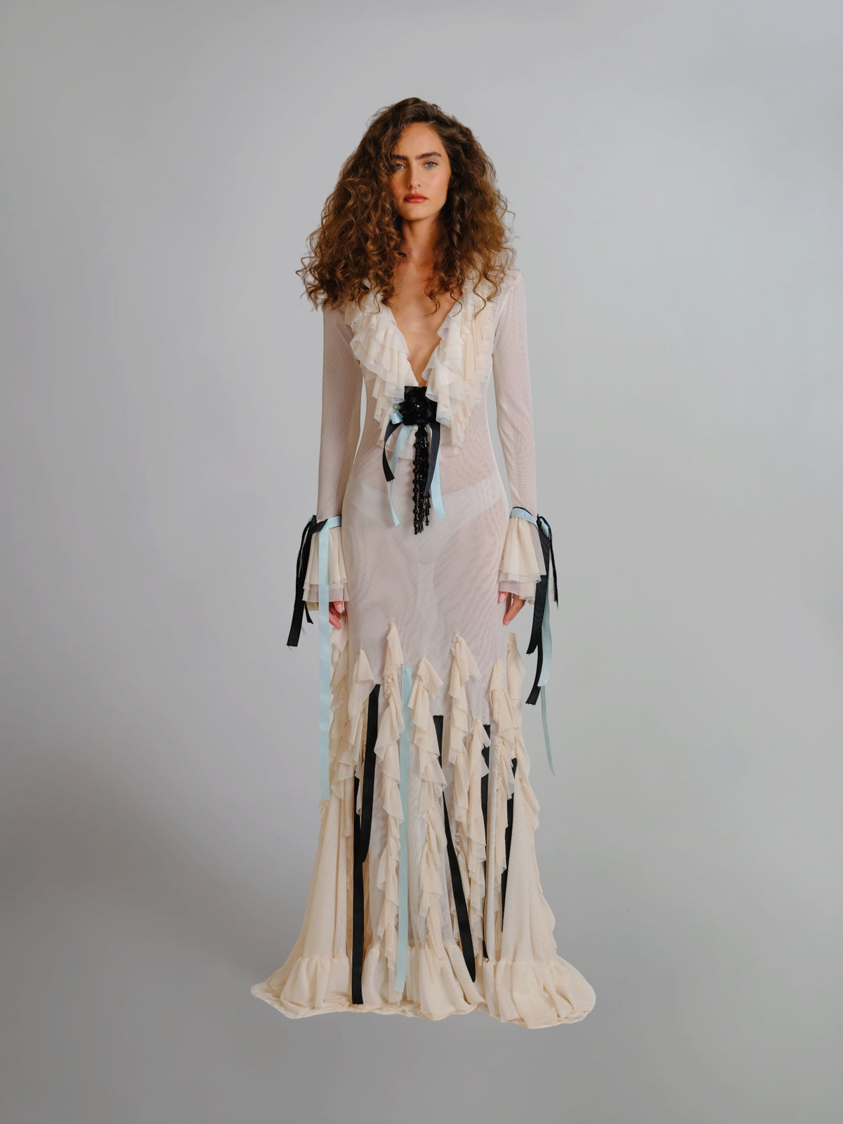 Ribbon-Trimmed Ruffle Gown