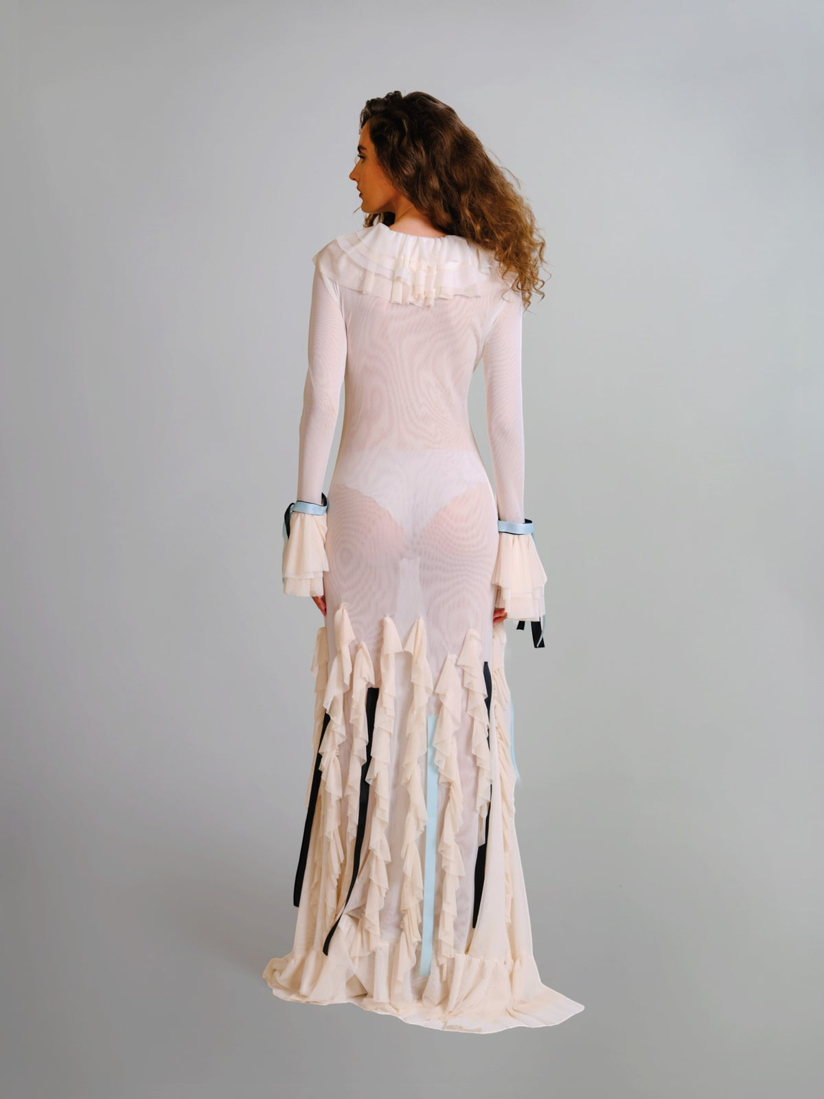 Ribbon-Trimmed Ruffle Gown