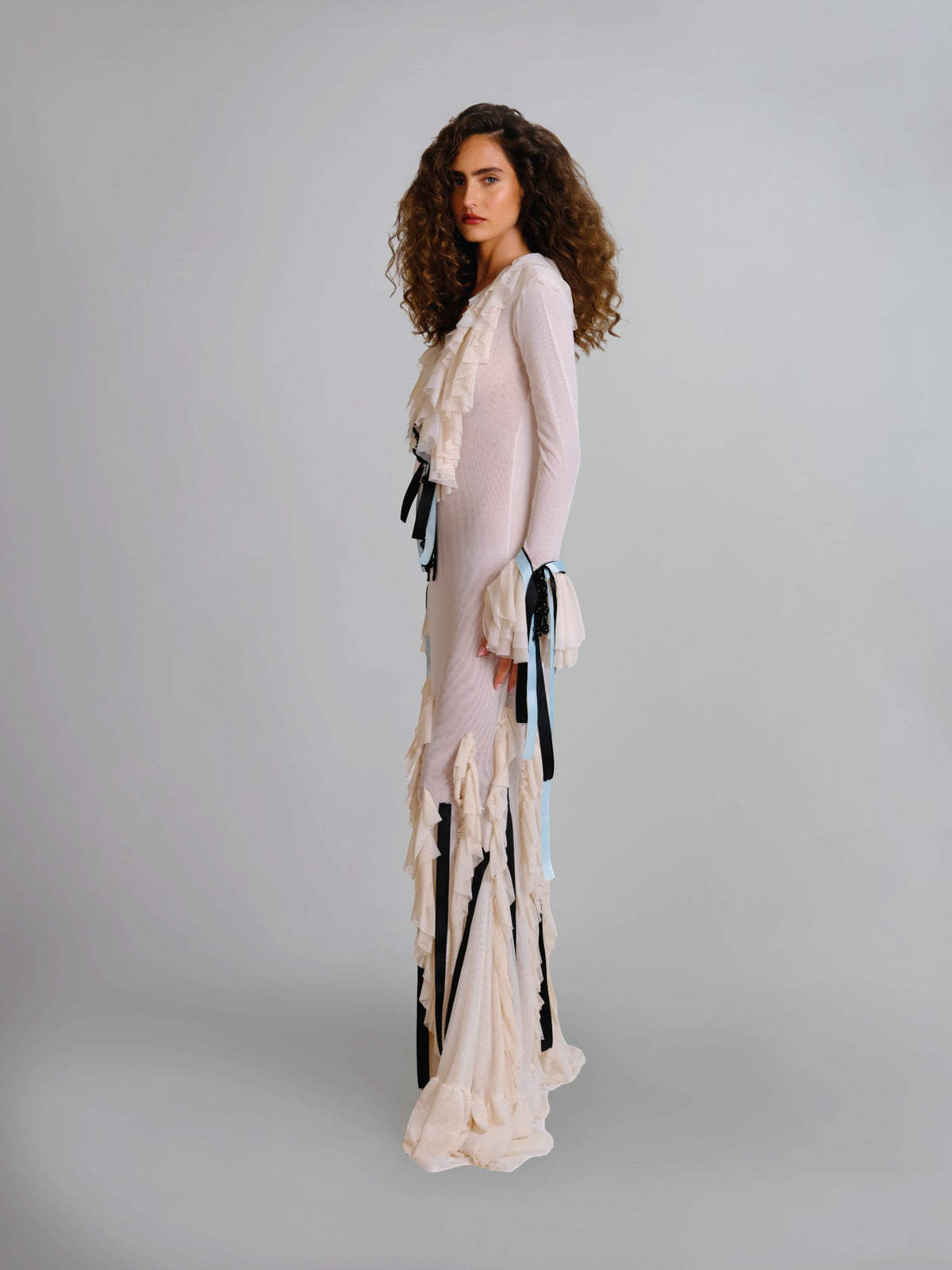 Ribbon-Trimmed Ruffle Gown
