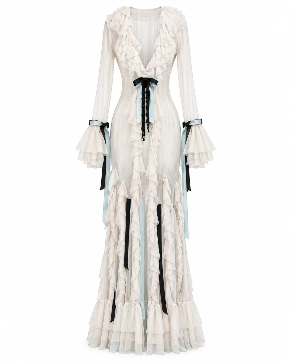 Ribbon-Trimmed Ruffle Gown