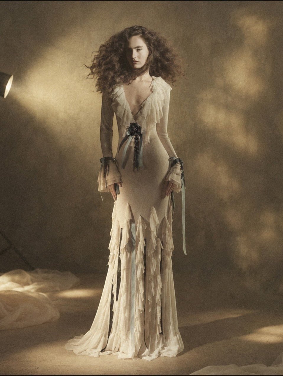 Ribbon-Trimmed Ruffle Gown