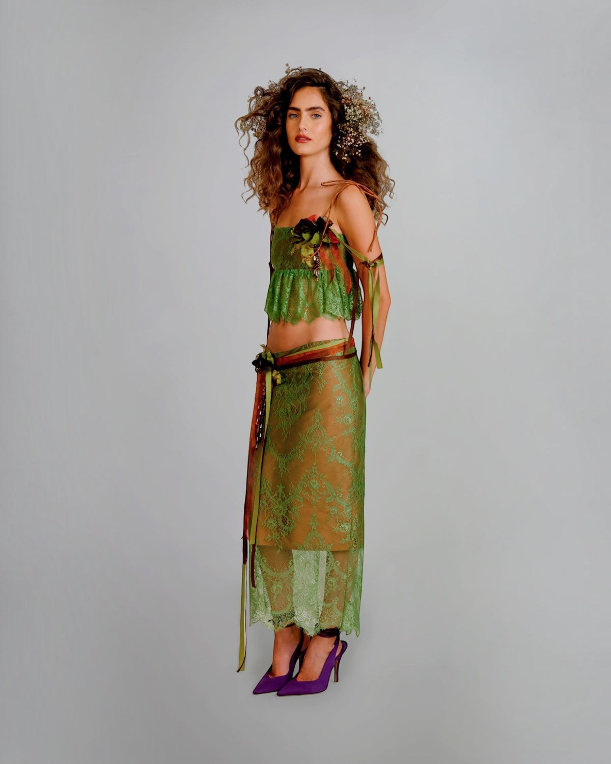 Floral Lace & Column Skirt Set