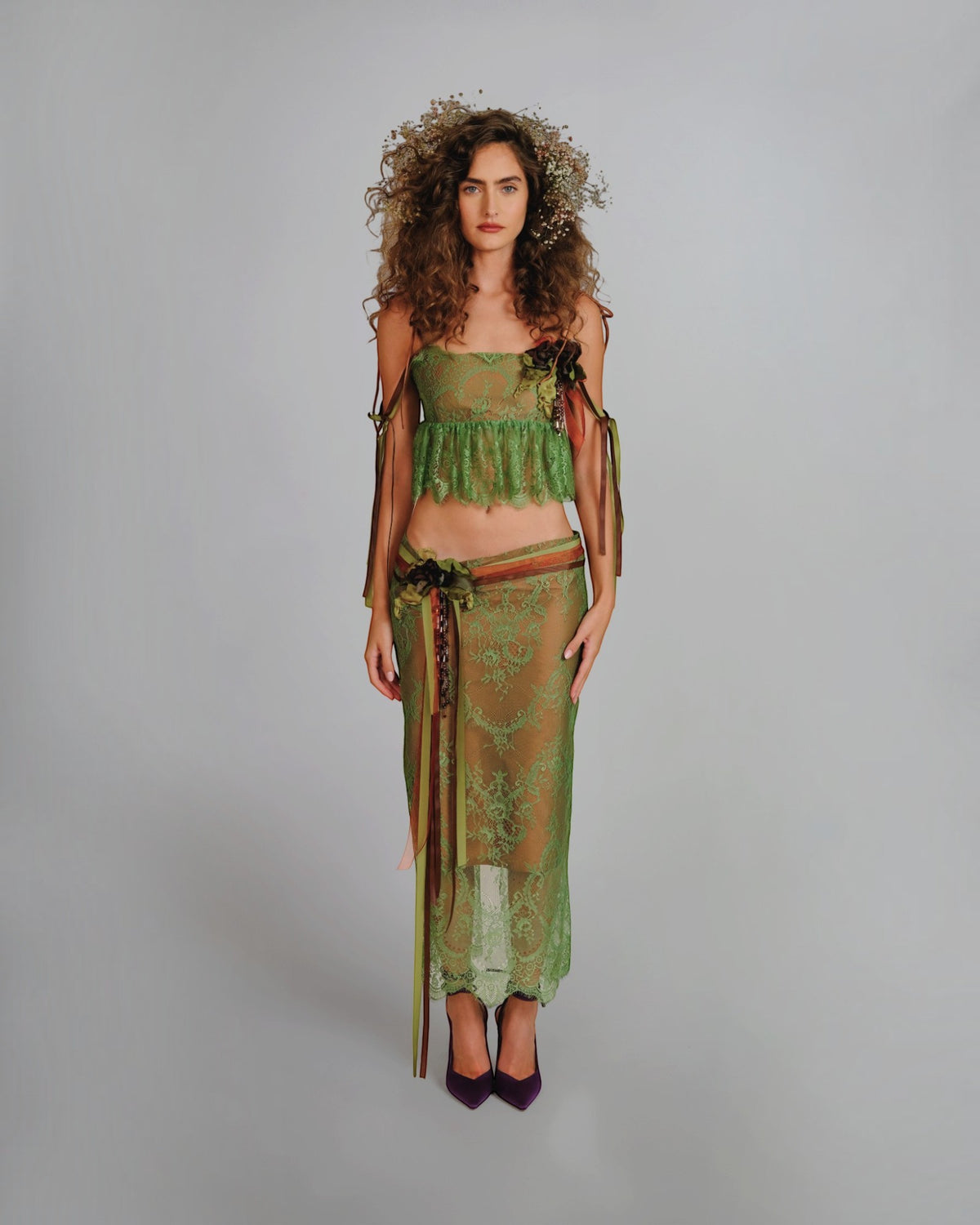 Floral Lace & Column Skirt Set