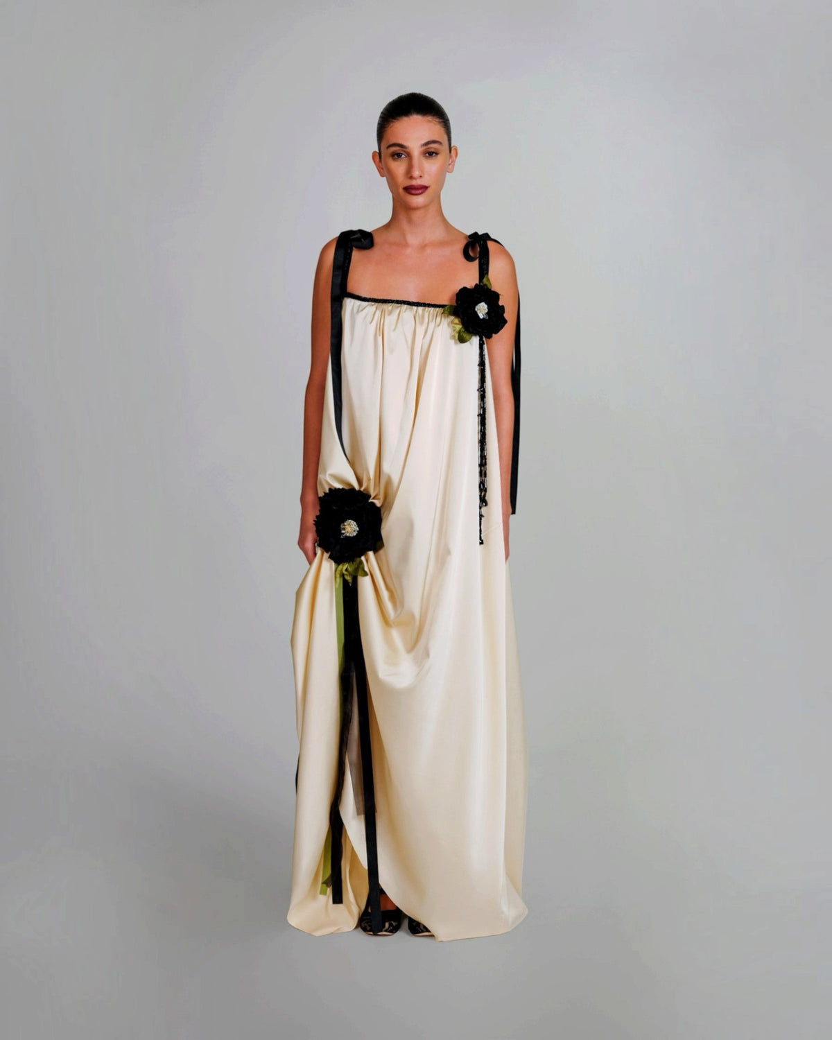 Draped Floral Appliqué Gown