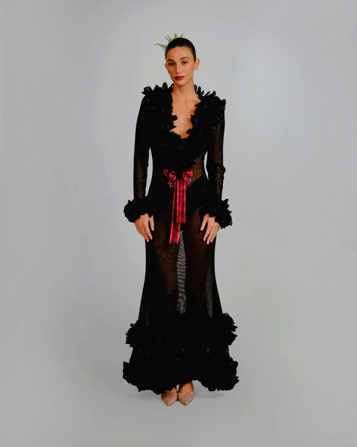 Cascading Sheer Ruffle Gown