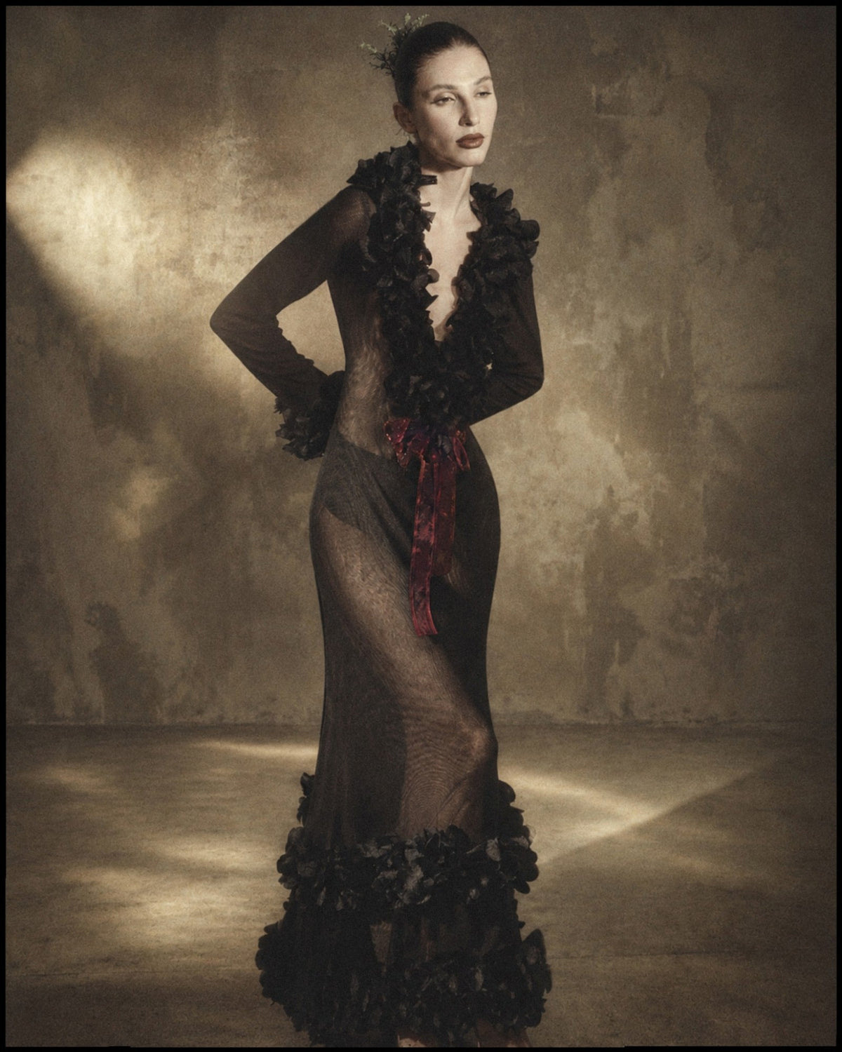 Cascading Sheer Ruffle Gown