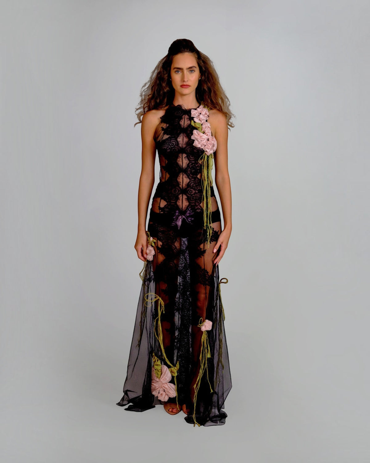 Floral Appliqué Lace Halter Gown