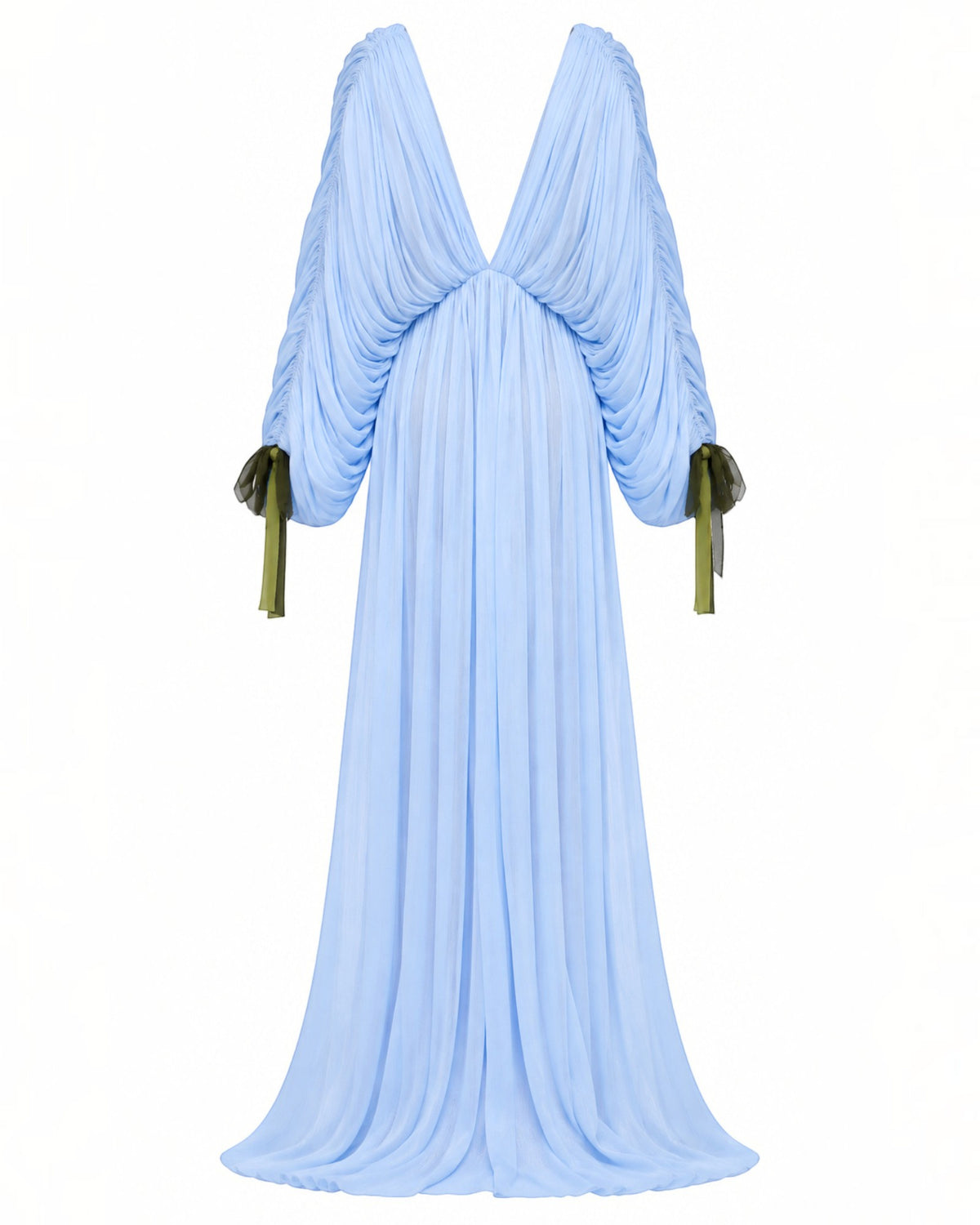 Draped Bell-Sleeve Floral Gown