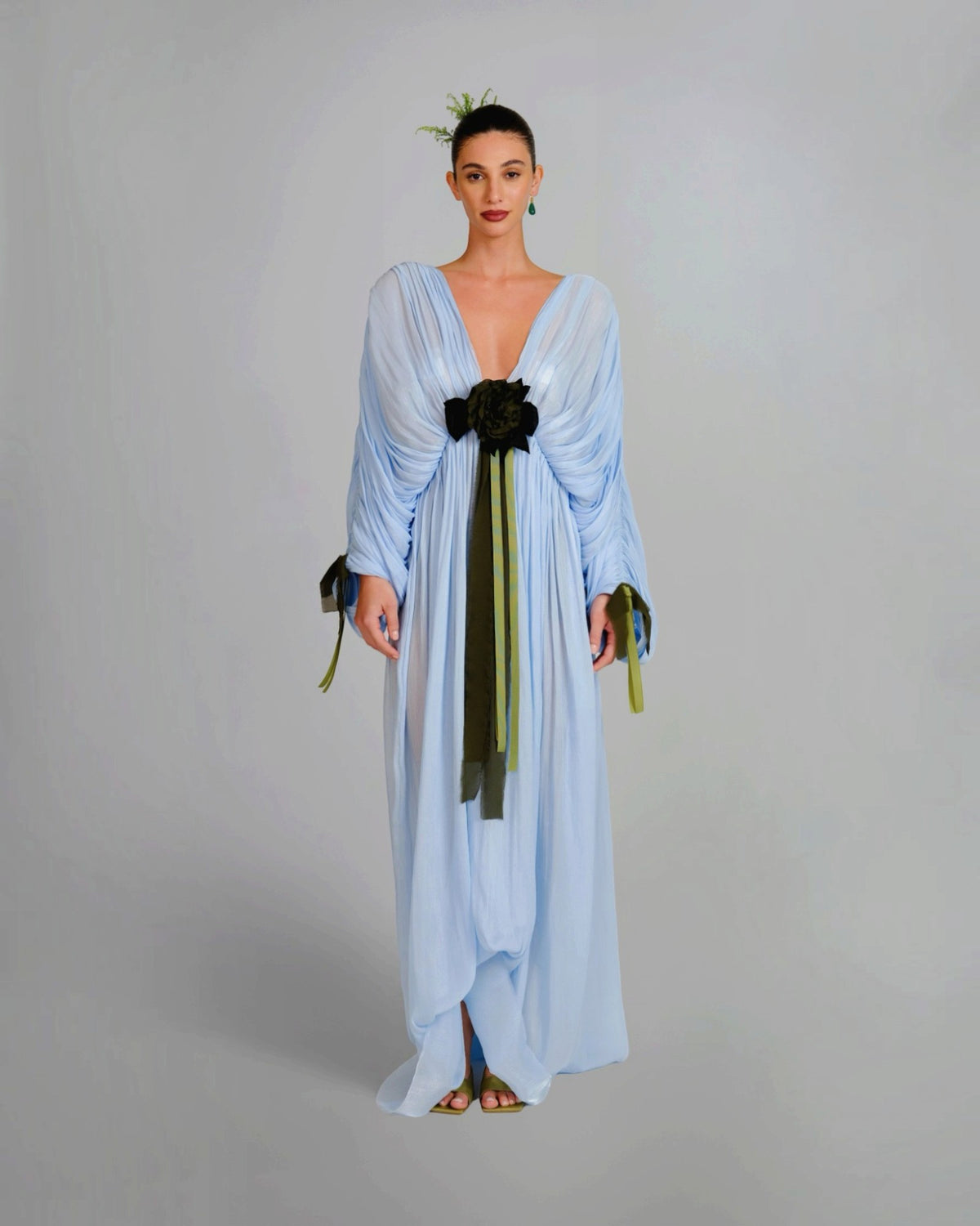 Draped Bell-Sleeve Floral Gown