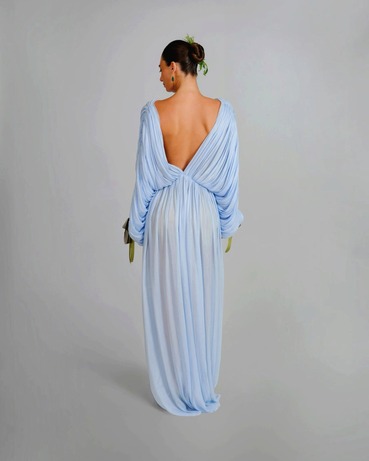 Draped Bell-Sleeve Floral Gown