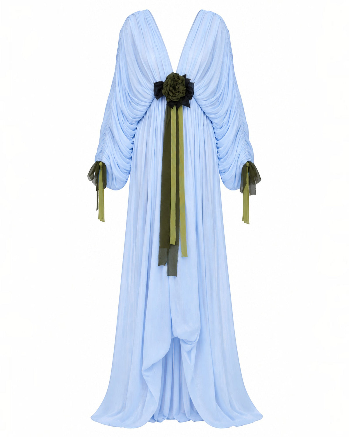 Draped Bell-Sleeve Floral Gown
