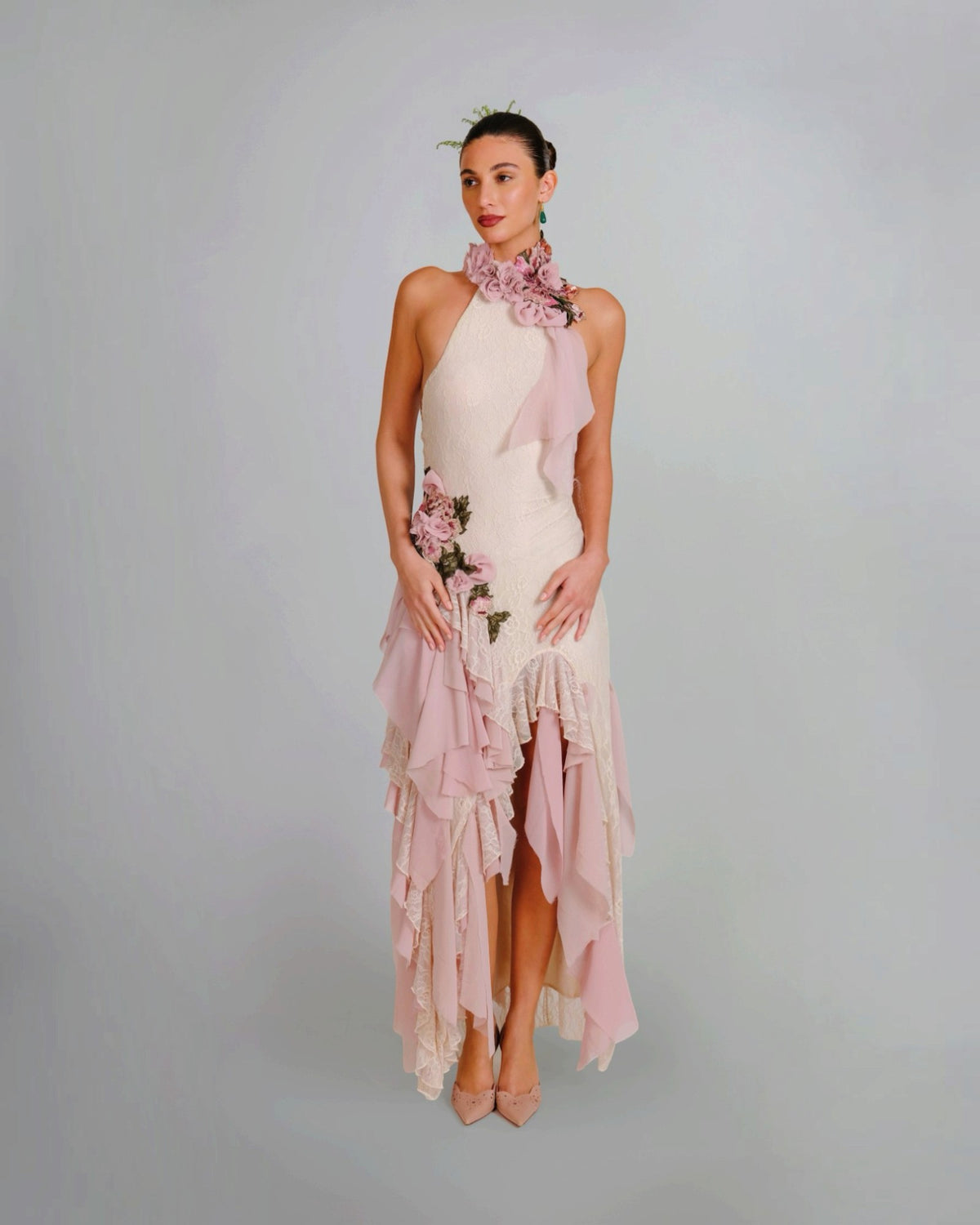 Floral Appliqué Ruffle Gown