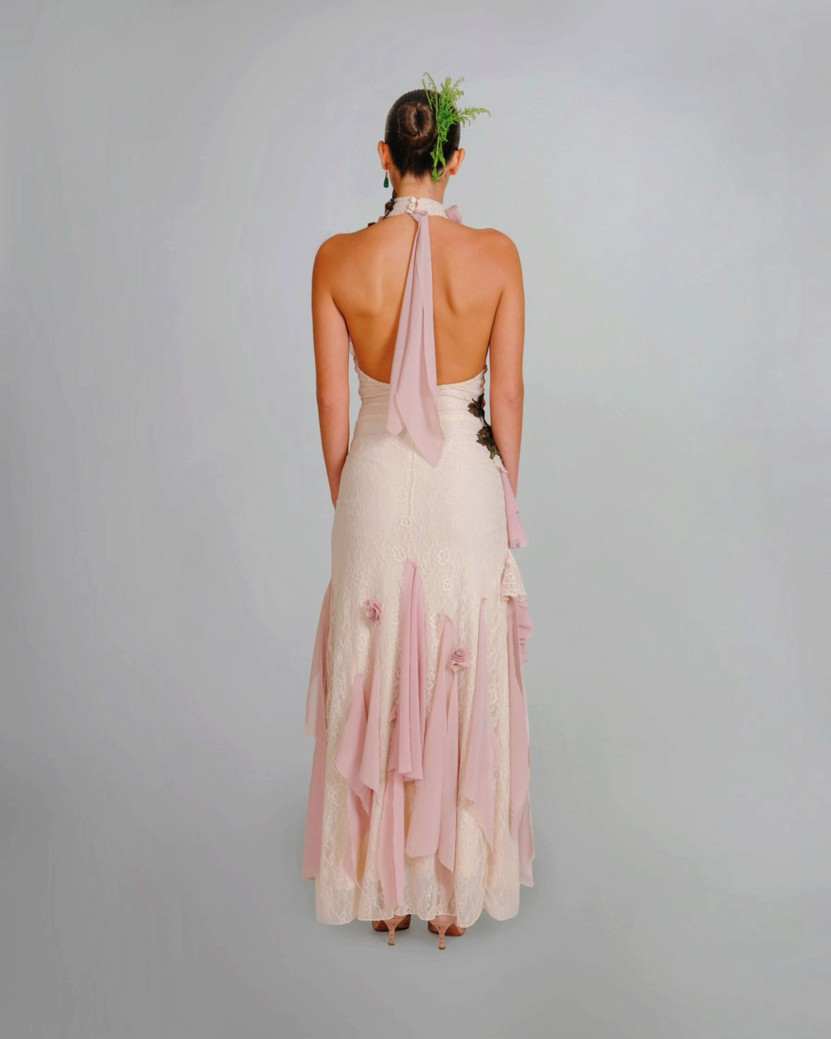 Floral Appliqué Ruffle Gown