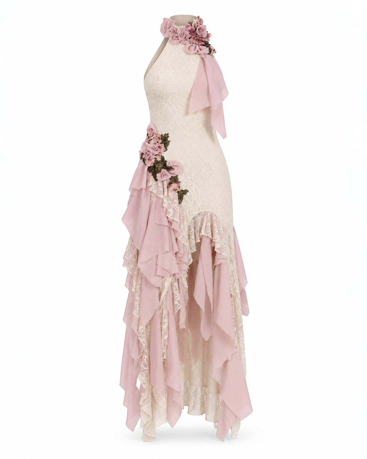 Floral Appliqué Ruffle Gown