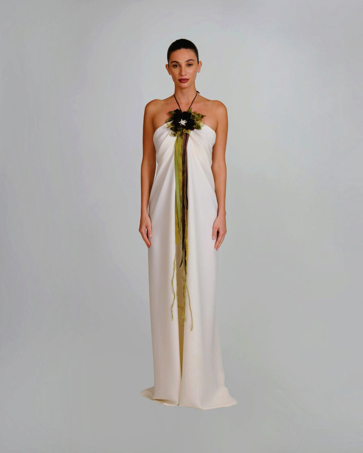 Floral Ribbon Fringe Halter Gown