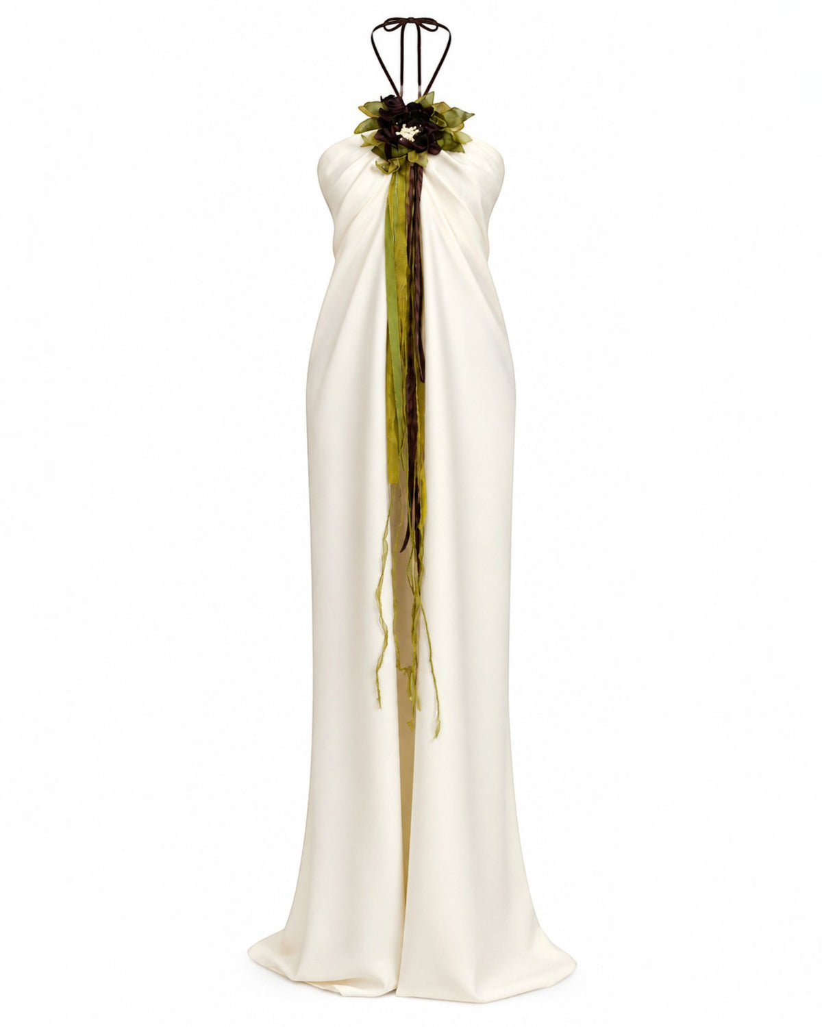 Floral Ribbon Fringe Halter Gown