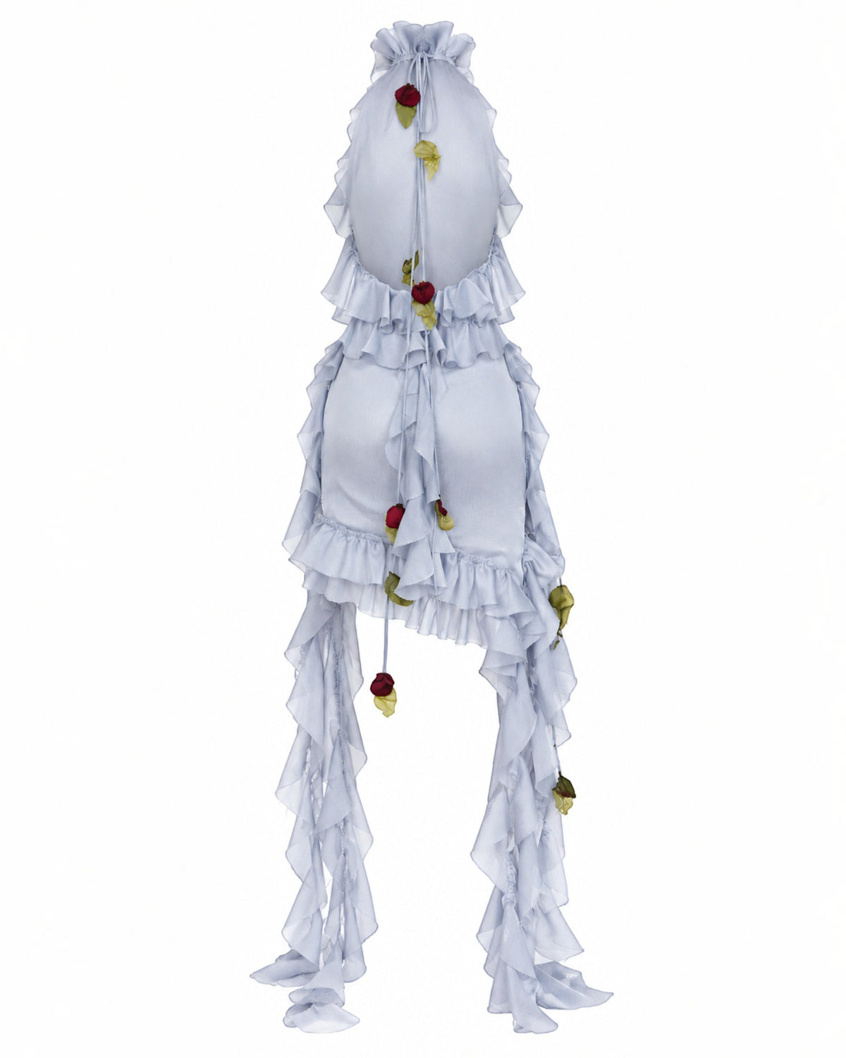 Floral Appliqué Halter Ruffle Gown