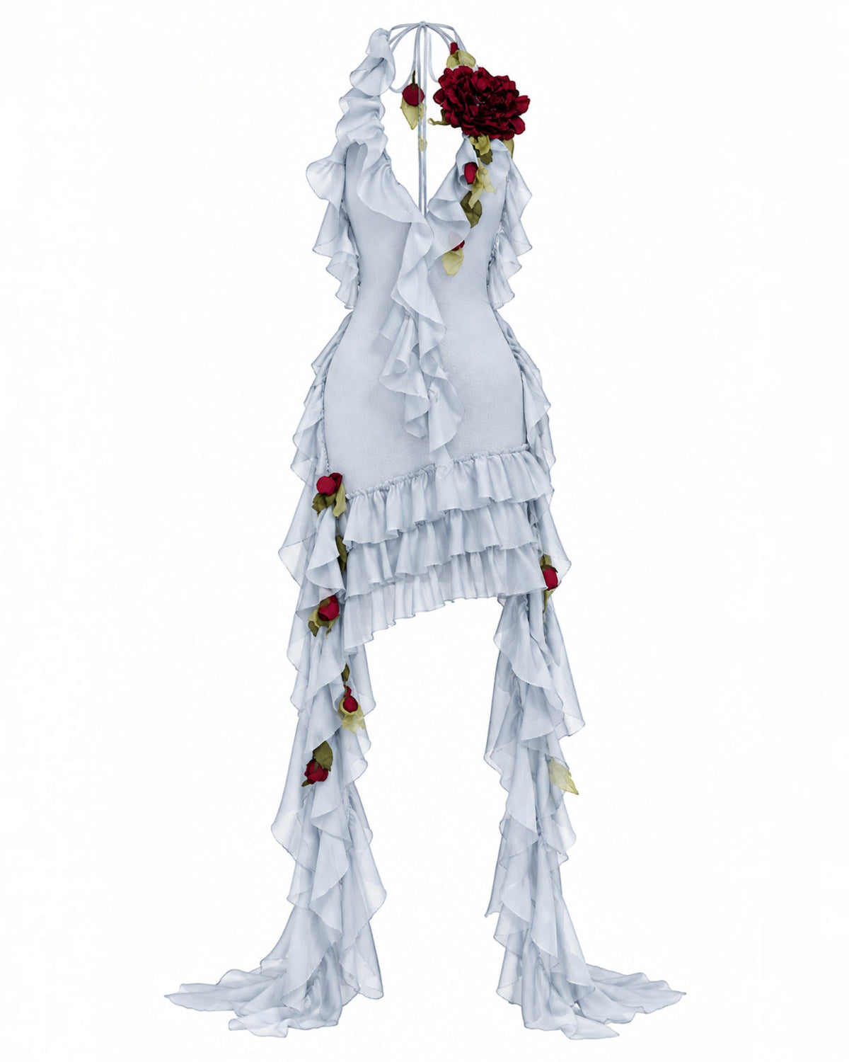 Floral Appliqué Halter Ruffle Gown