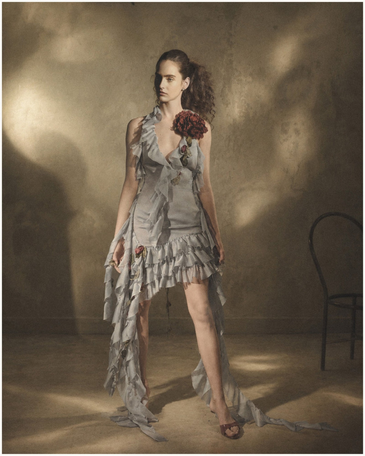 Floral Appliqué Halter Ruffle Gown