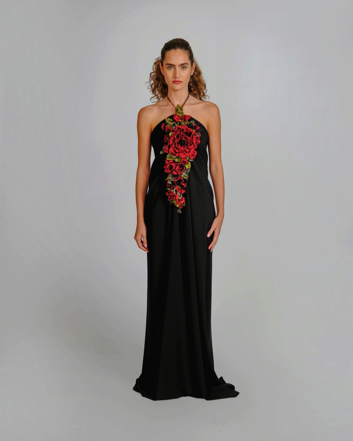 Floral Appliqué Halter Column Gown