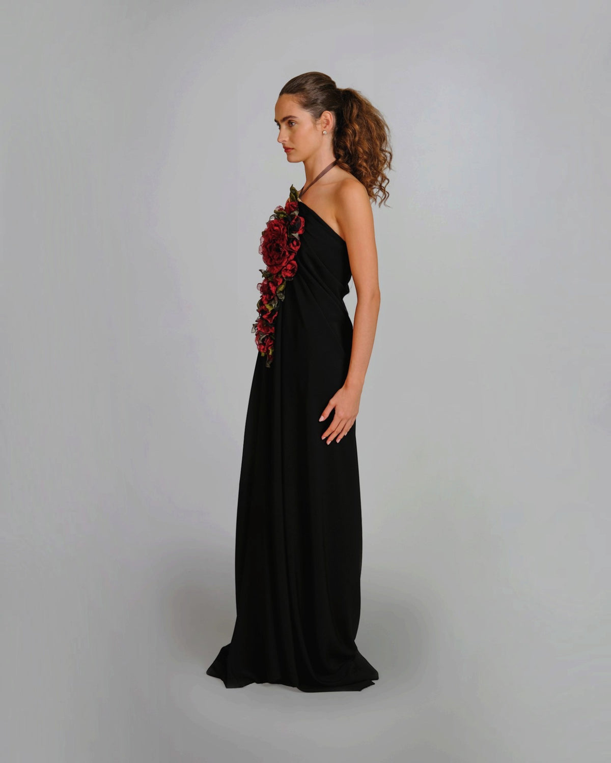 Floral Appliqué Halter Column Gown