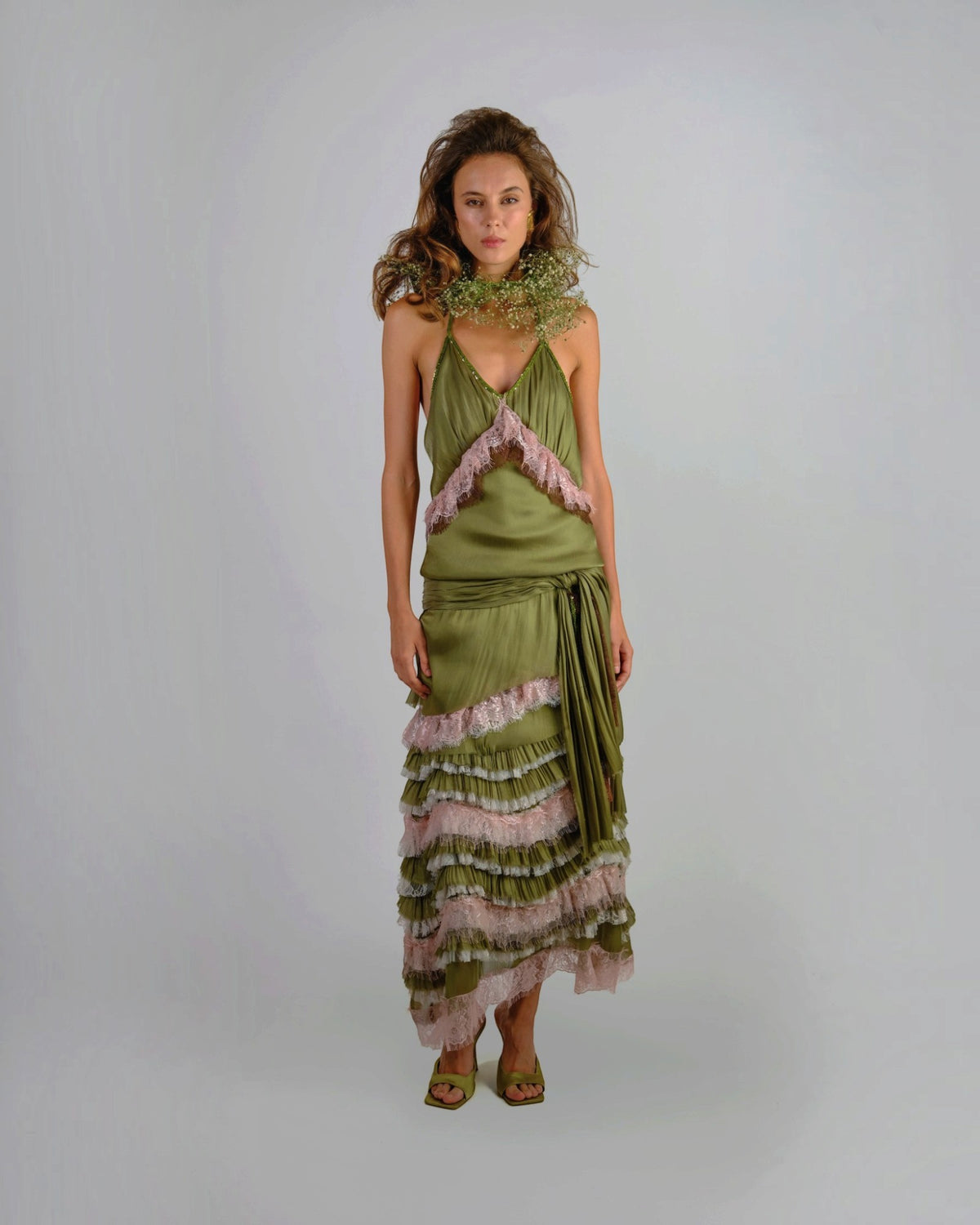 Olive Satin Ruffle Halter Gown