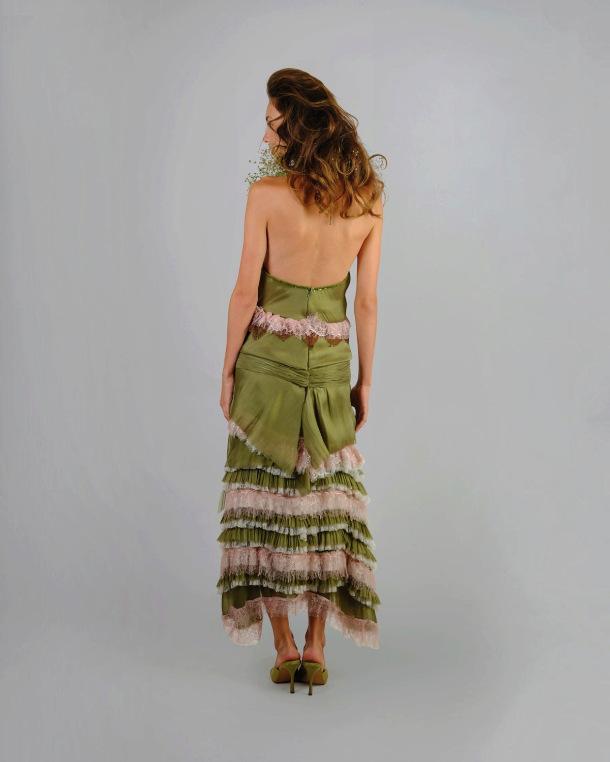 Olive Satin Ruffle Halter Gown