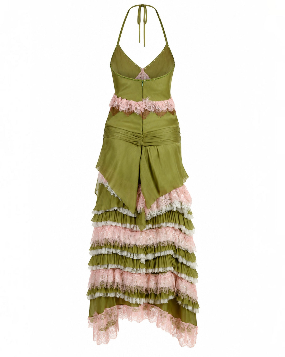 Olive Satin Ruffle Halter Gown