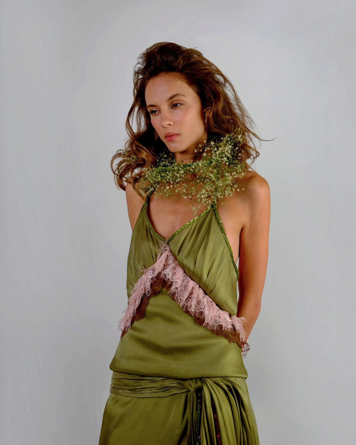 Olive Satin Ruffle Halter Gown