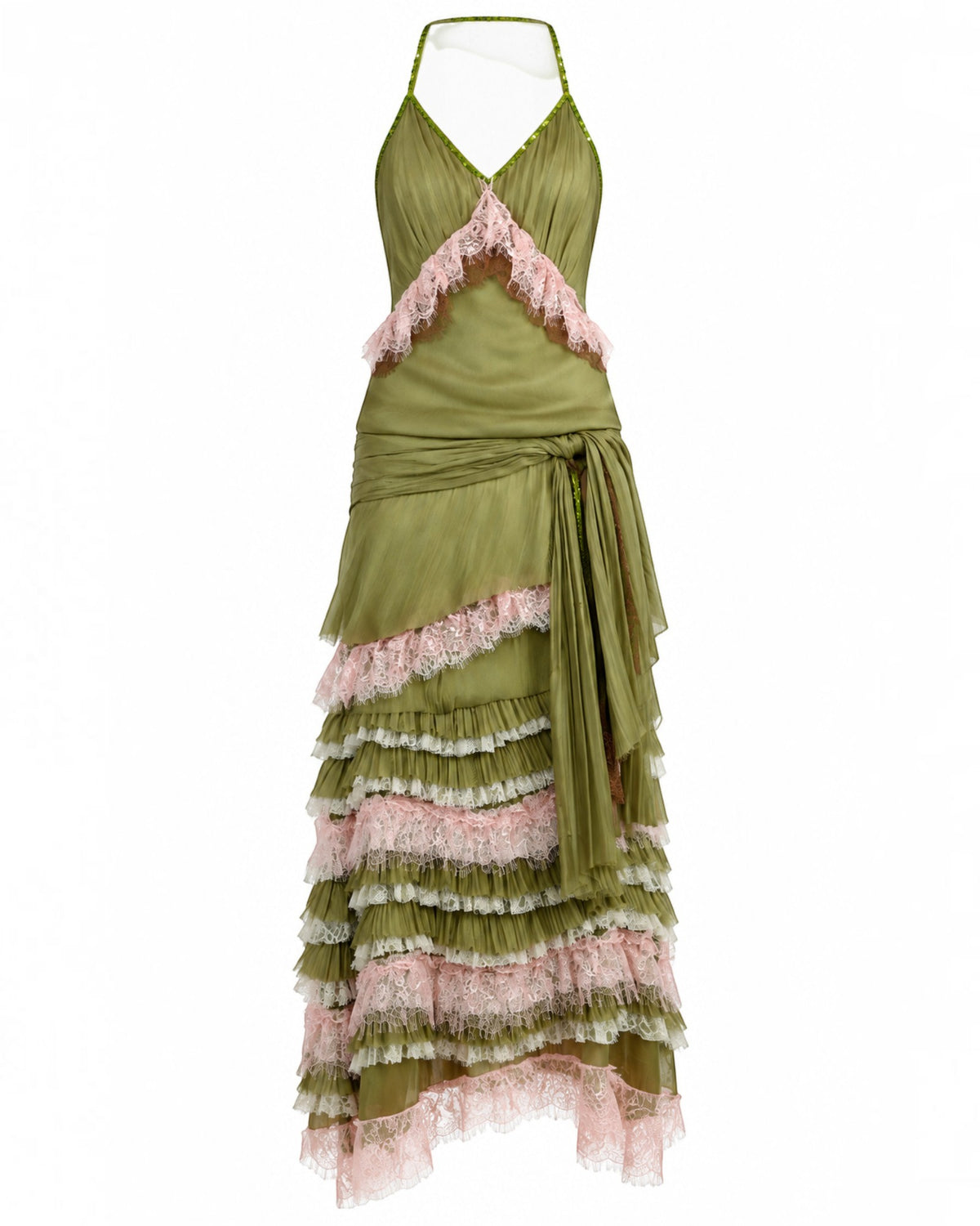 Olive Satin Ruffle Halter Gown