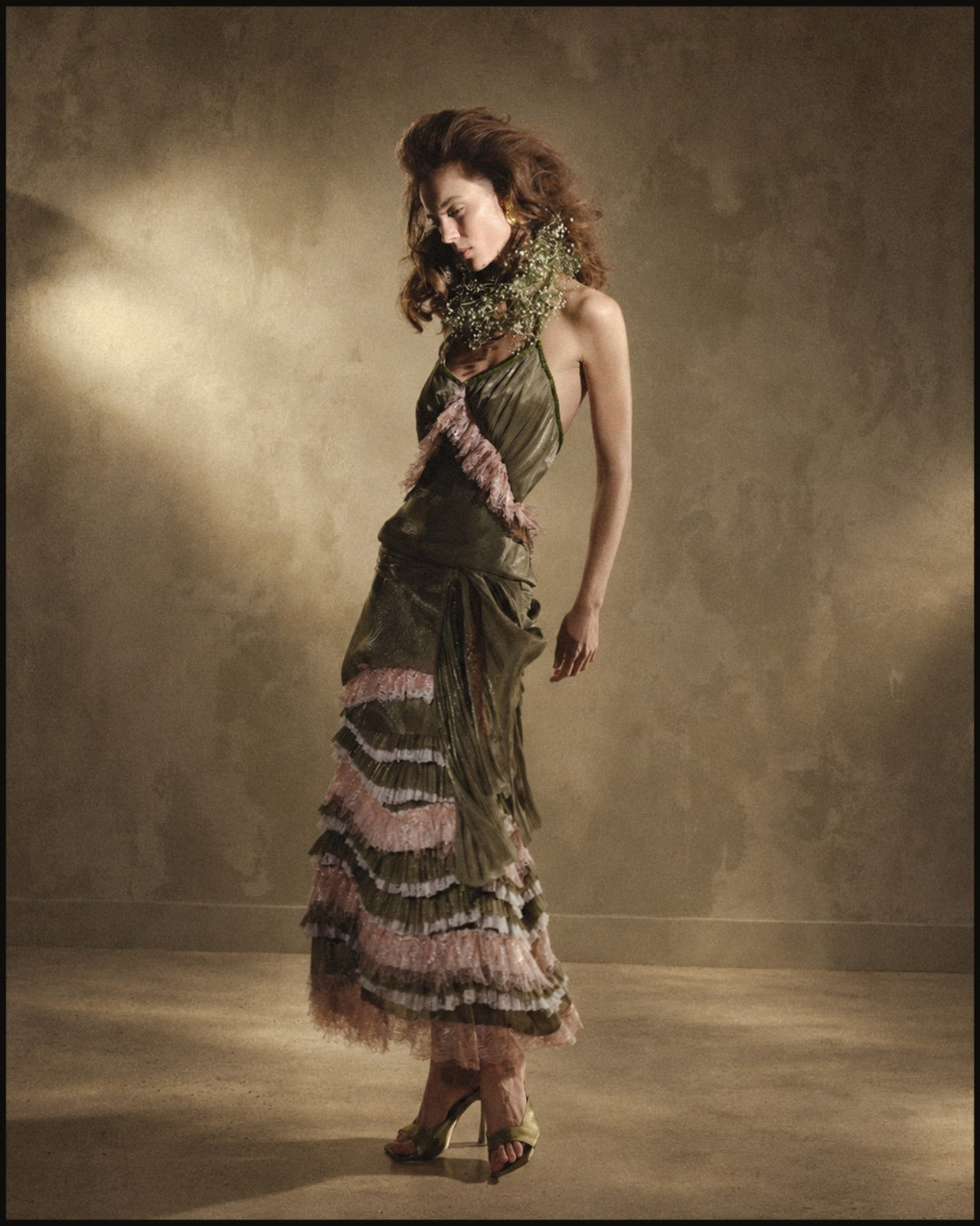 Olive Satin Ruffle Halter Gown