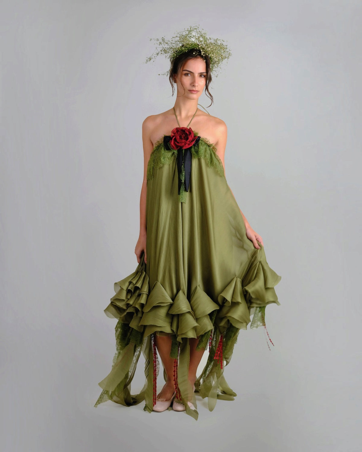 Draped Floral Ruffle Gown