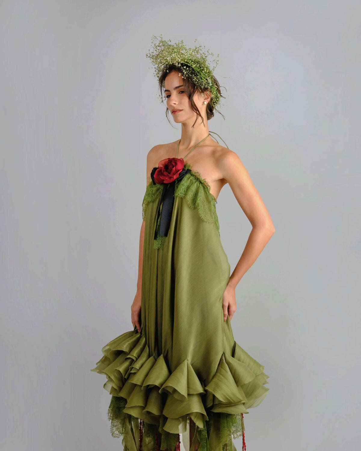 Draped Floral Ruffle Gown