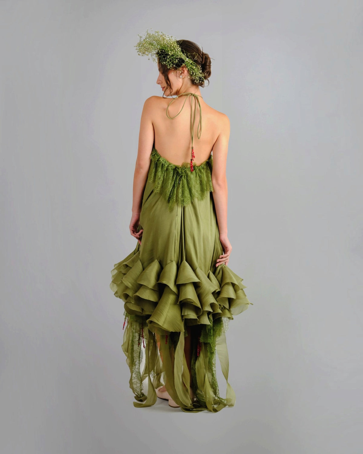 Draped Floral Ruffle Gown