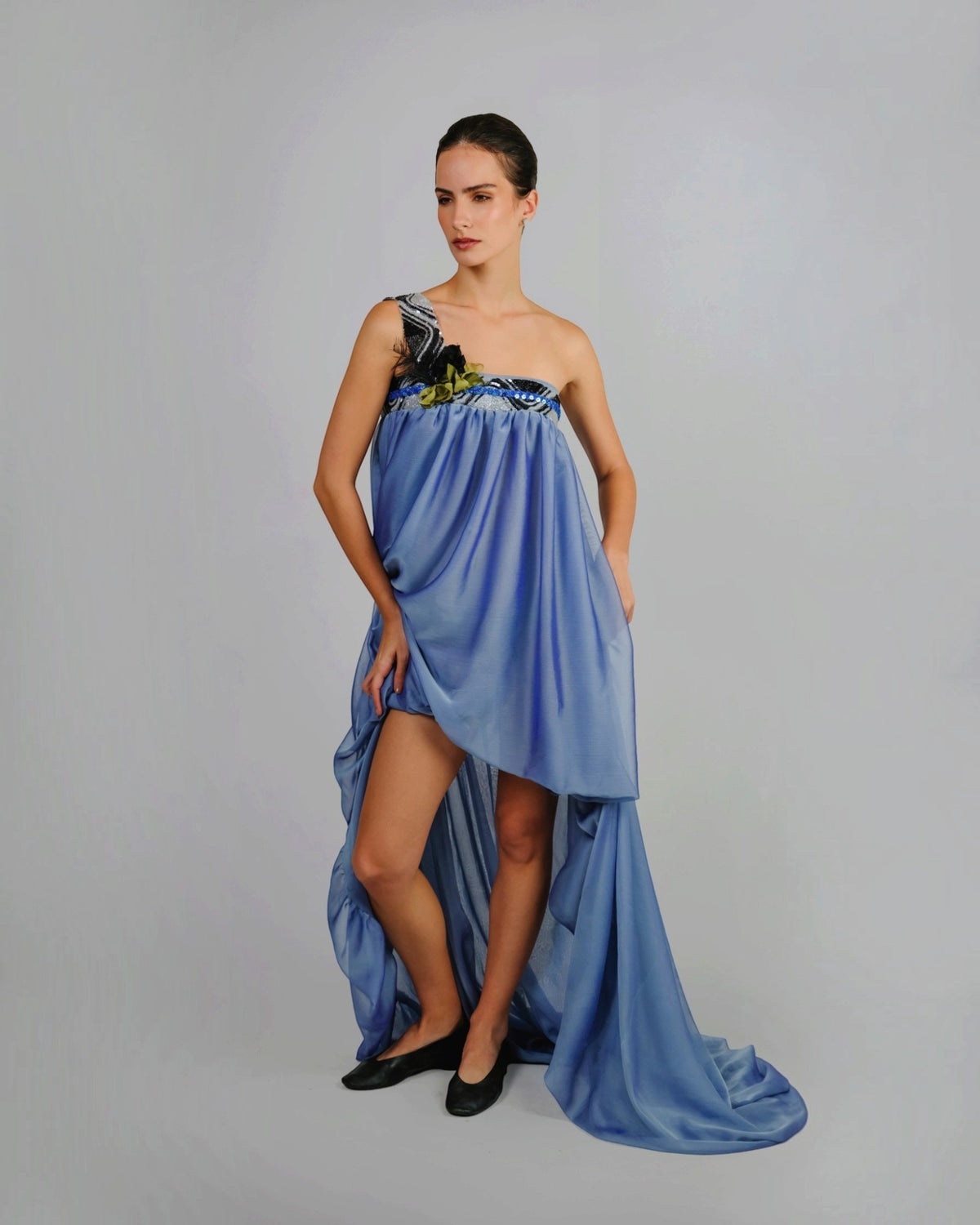 Beaded One-Shoulder Draped Gown