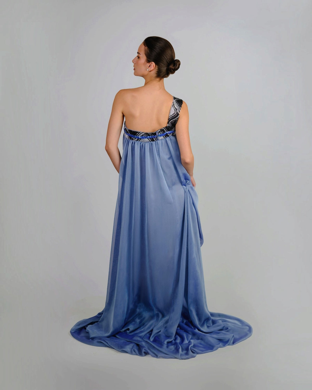 Beaded One-Shoulder Draped Gown